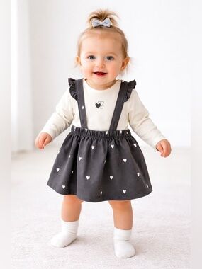 H&M Baby Girl Outfit 9M Heart Suspender Skirt Set Long Sleeve Cute